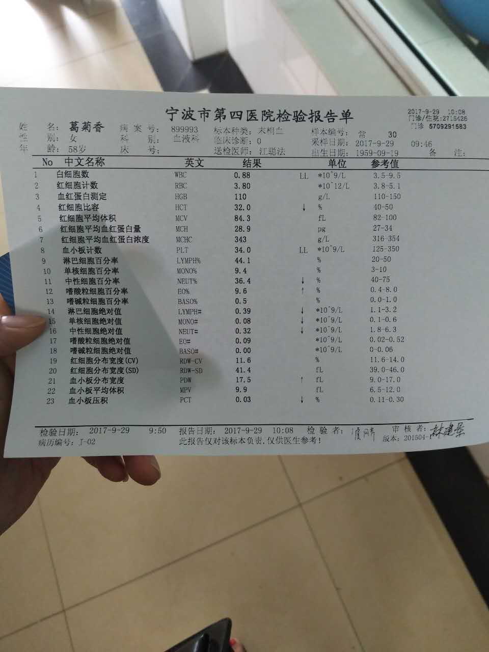 今天白细胞和血小板更低