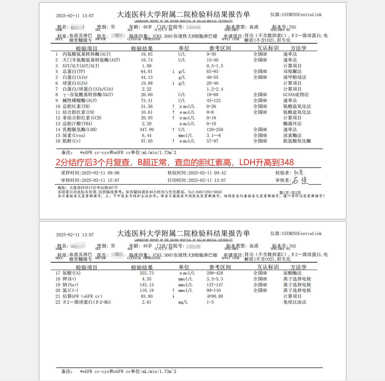 第一次复查，LDH升高到348