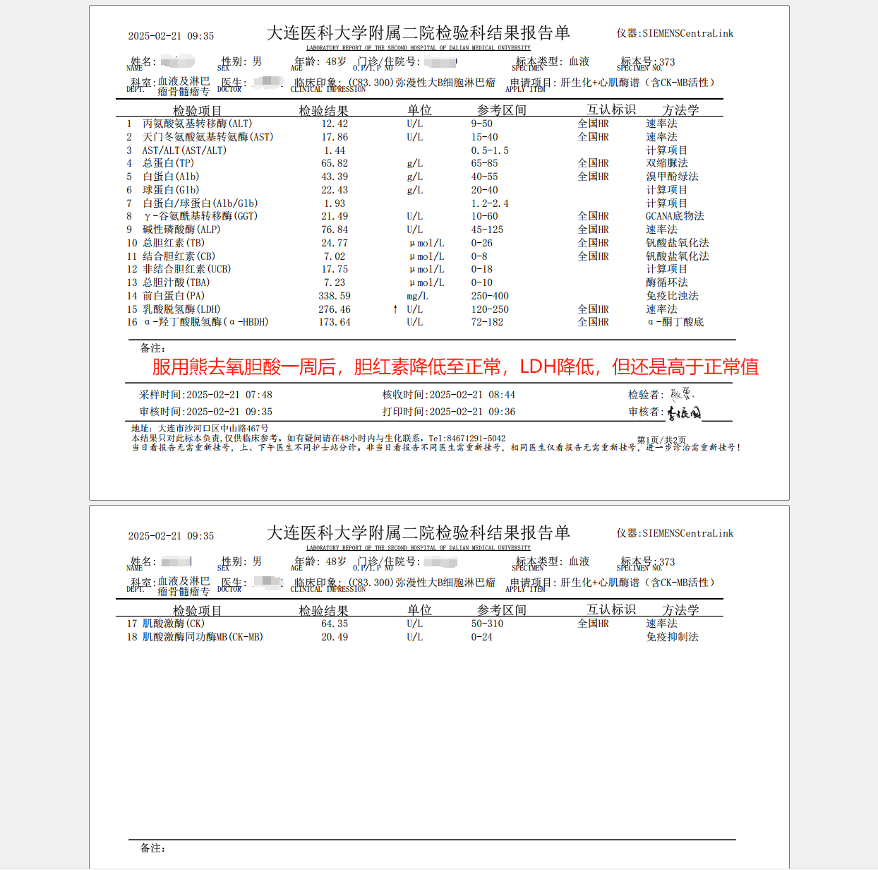 服用熊去氧胆酸一周后复查，胆红素和LDH都降低