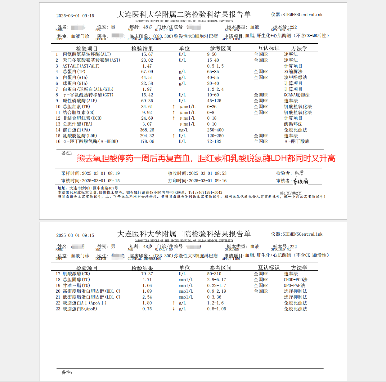 熊去氧胆酸停药一周后，胆红素和LDH又都同时升高了